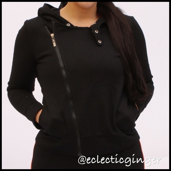 Eclectic Ginger Tops - Black side zip up hooded moto jacket M L XL